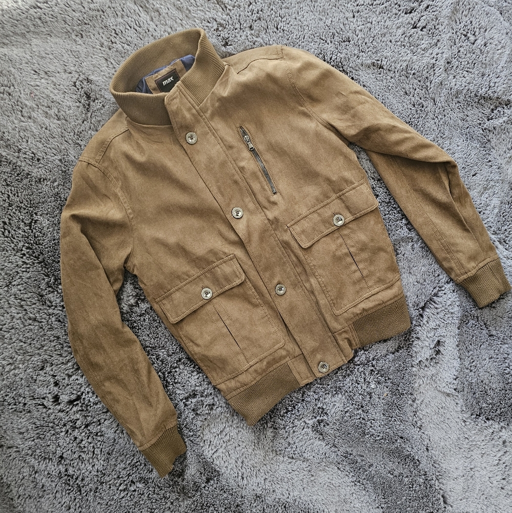Faux Suede Brown Camel Colored Bomber Jacket with Blue Satin Lining sz M